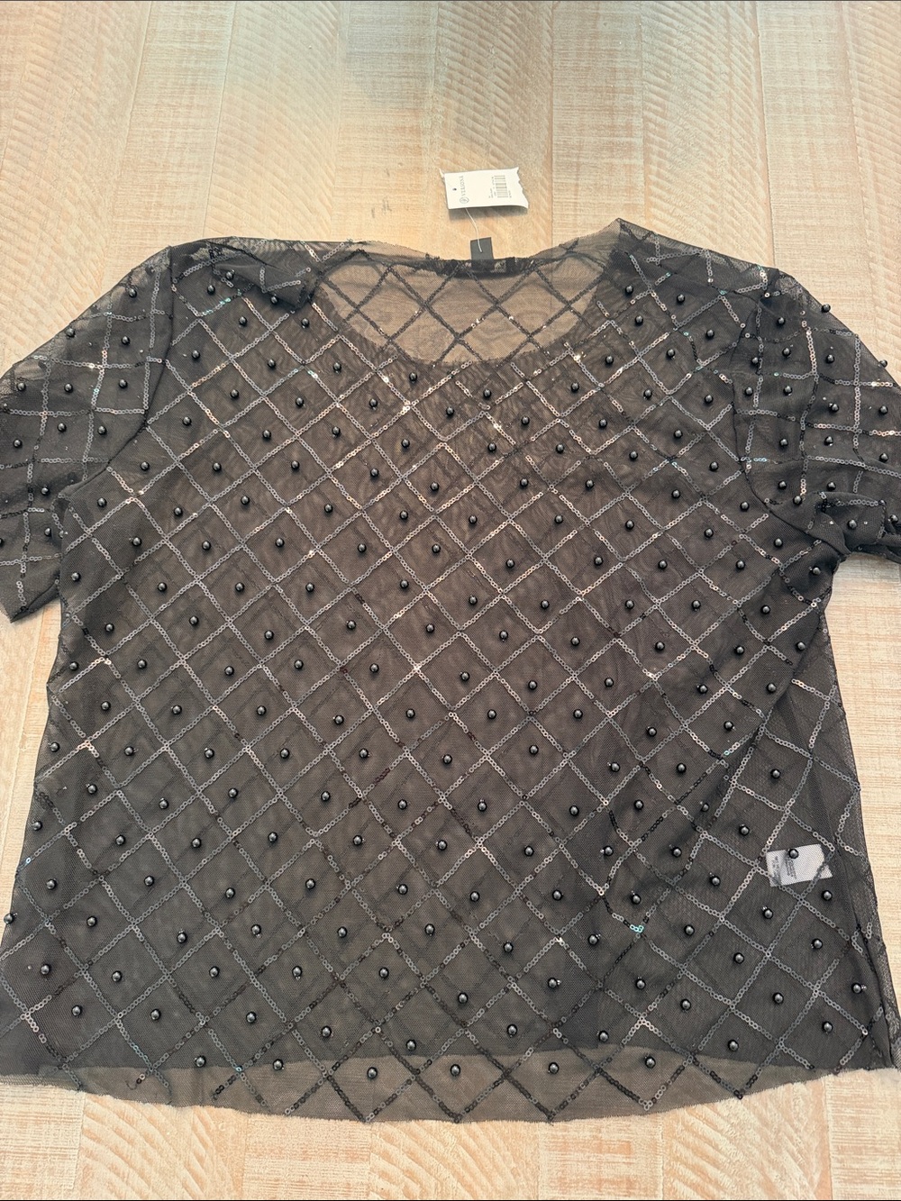 Versona Embellished Black Sheer Beaded Short Sleeve Top-NEW